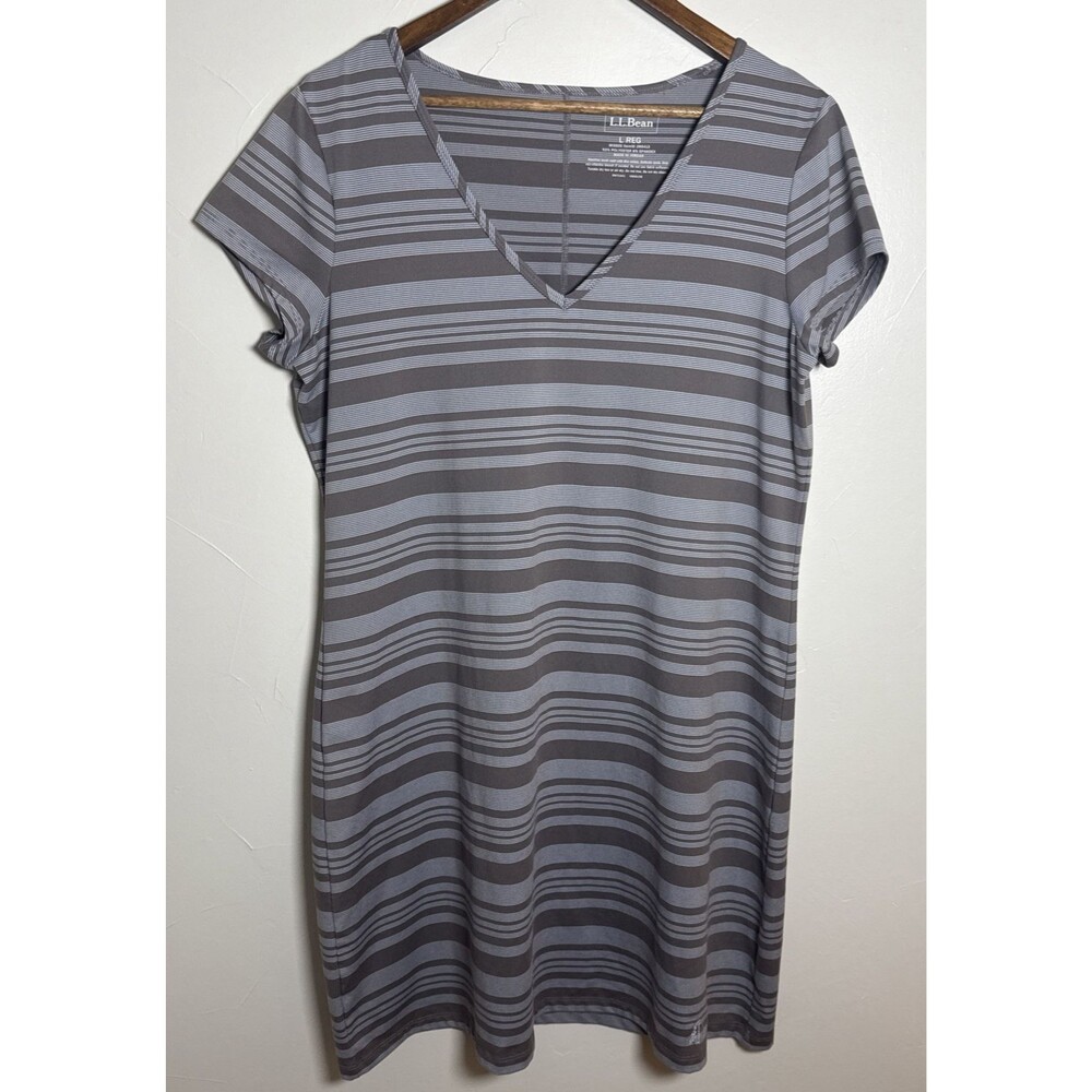LL Bean T-Shirt Dress Brown Striped Pullover Casual Women's Size Large